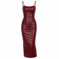 This form-fitting burgundy faux leather midi dress