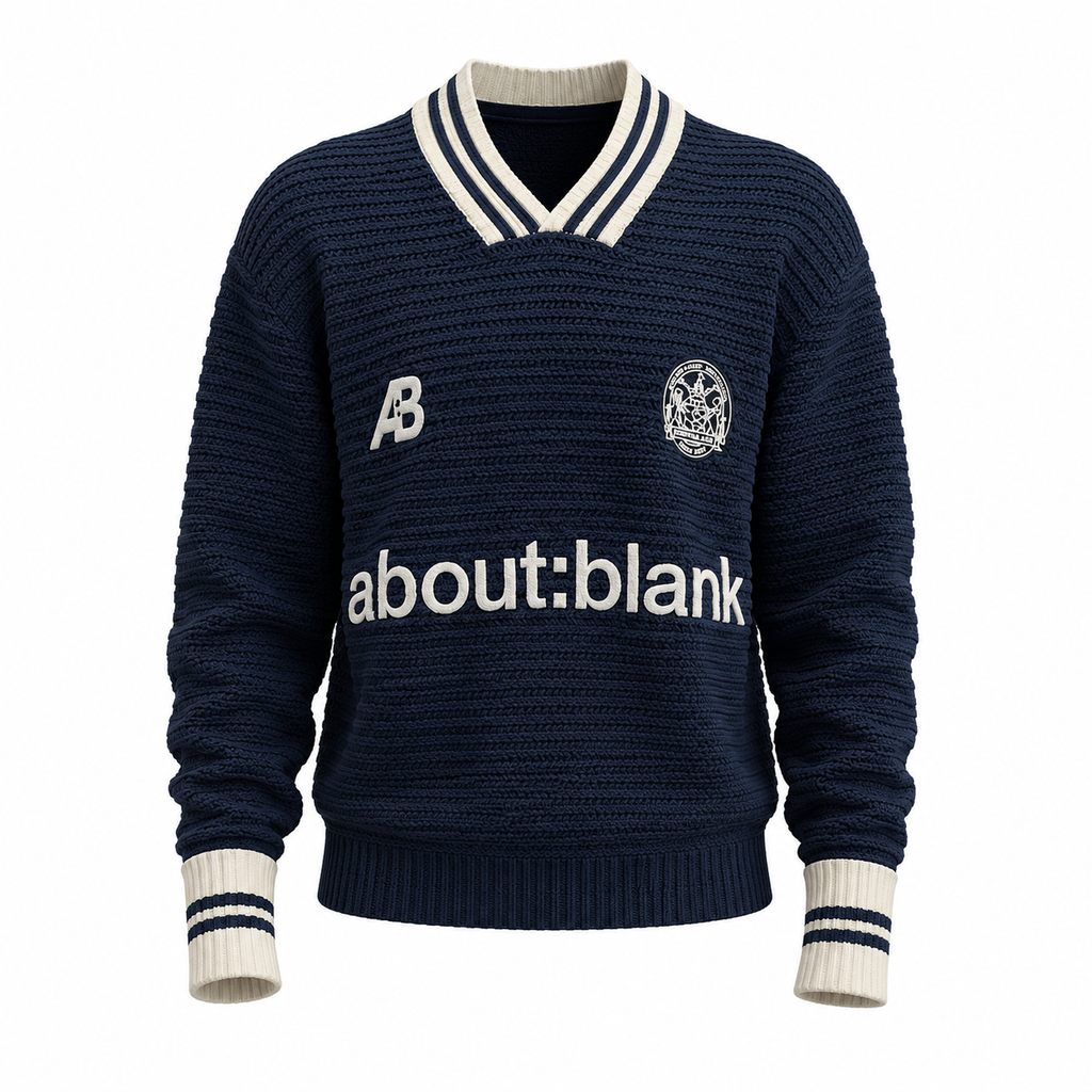 navy blue knit sweater with a striped polo collar and the text "about:blank"