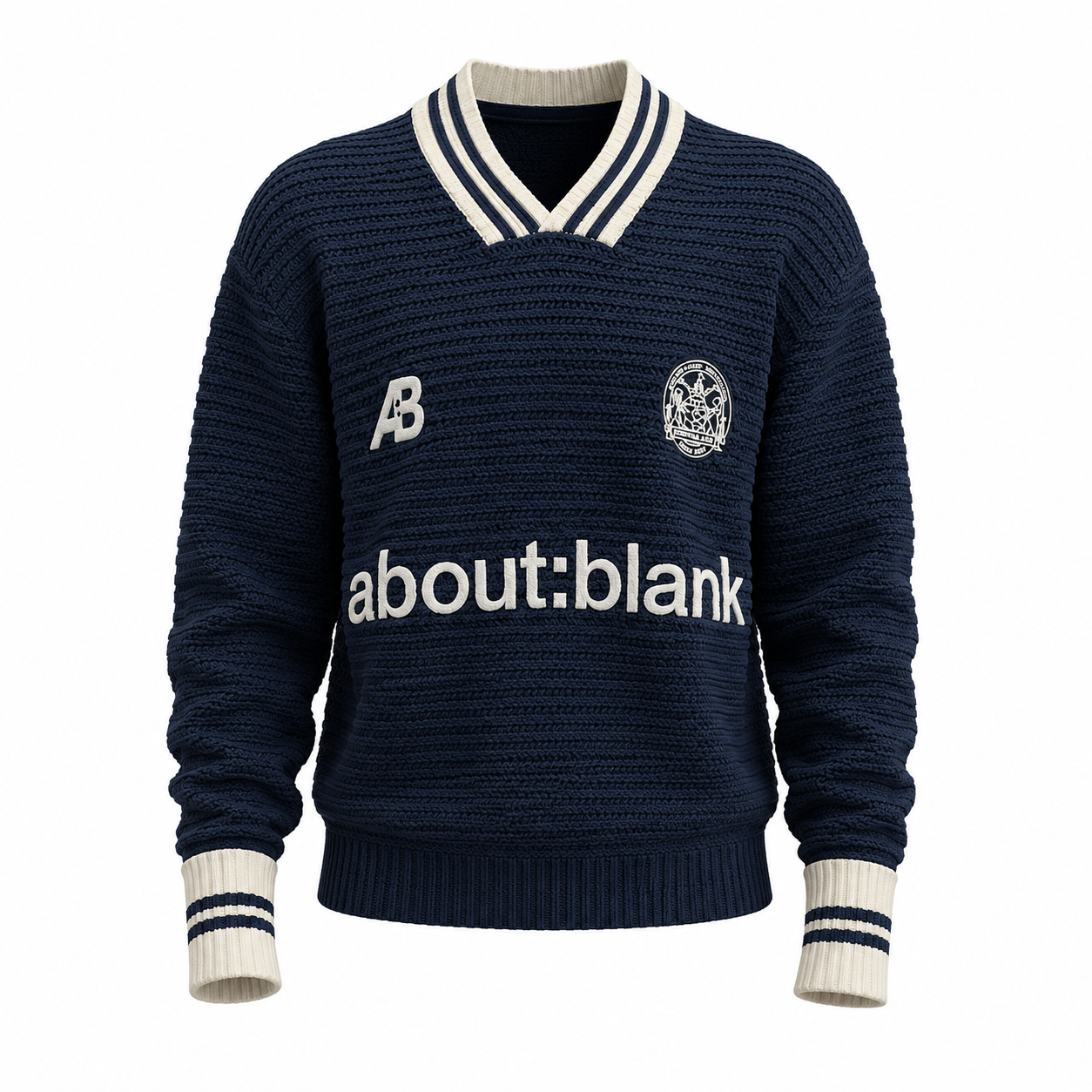 navy blue knit sweater with a striped polo collar and the text "about:blank"