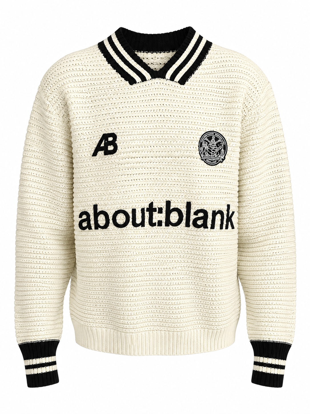 navy blue knit sweater with a striped polo collar and the text "about:blank"