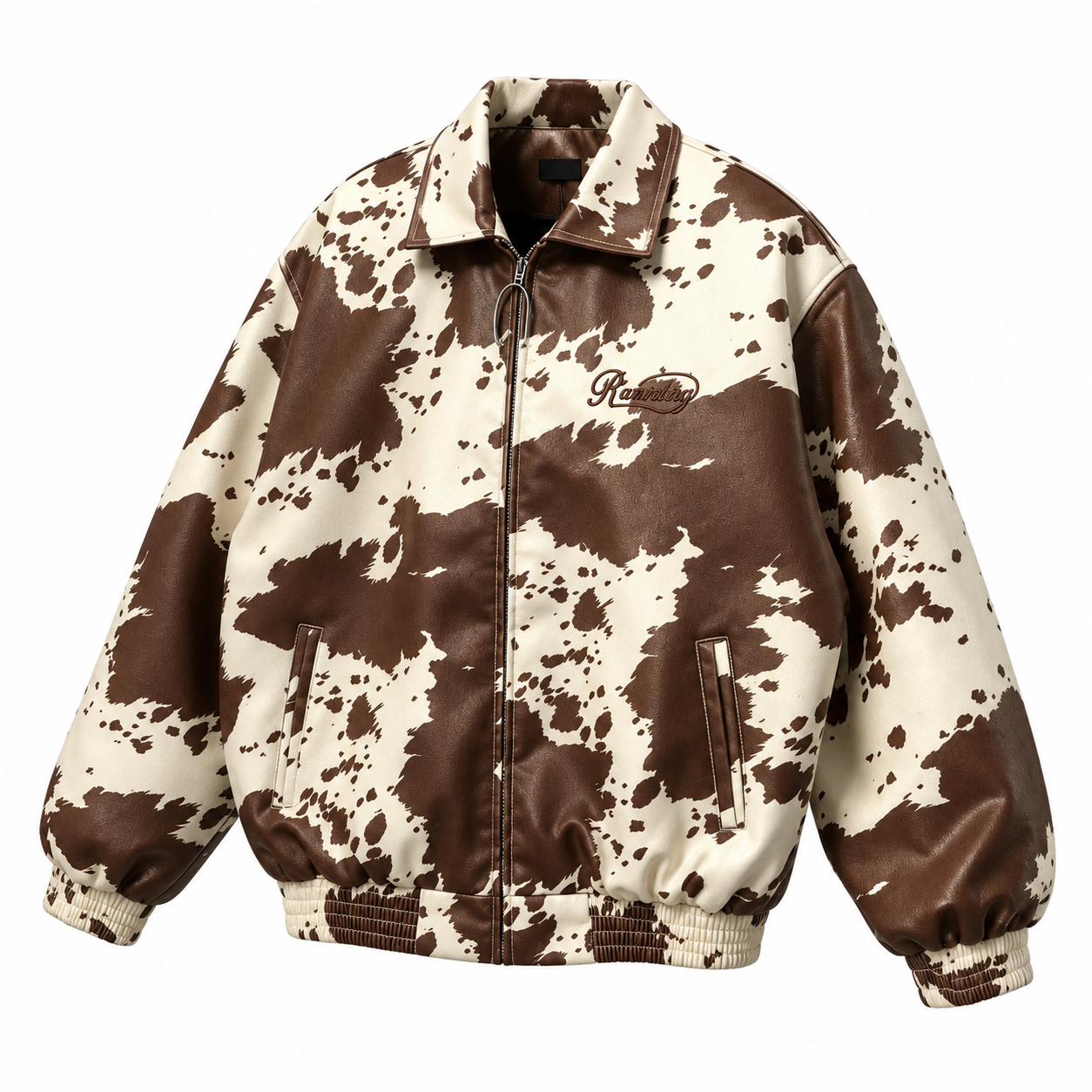 Brown and white cow-print zip-up Harrington jacket