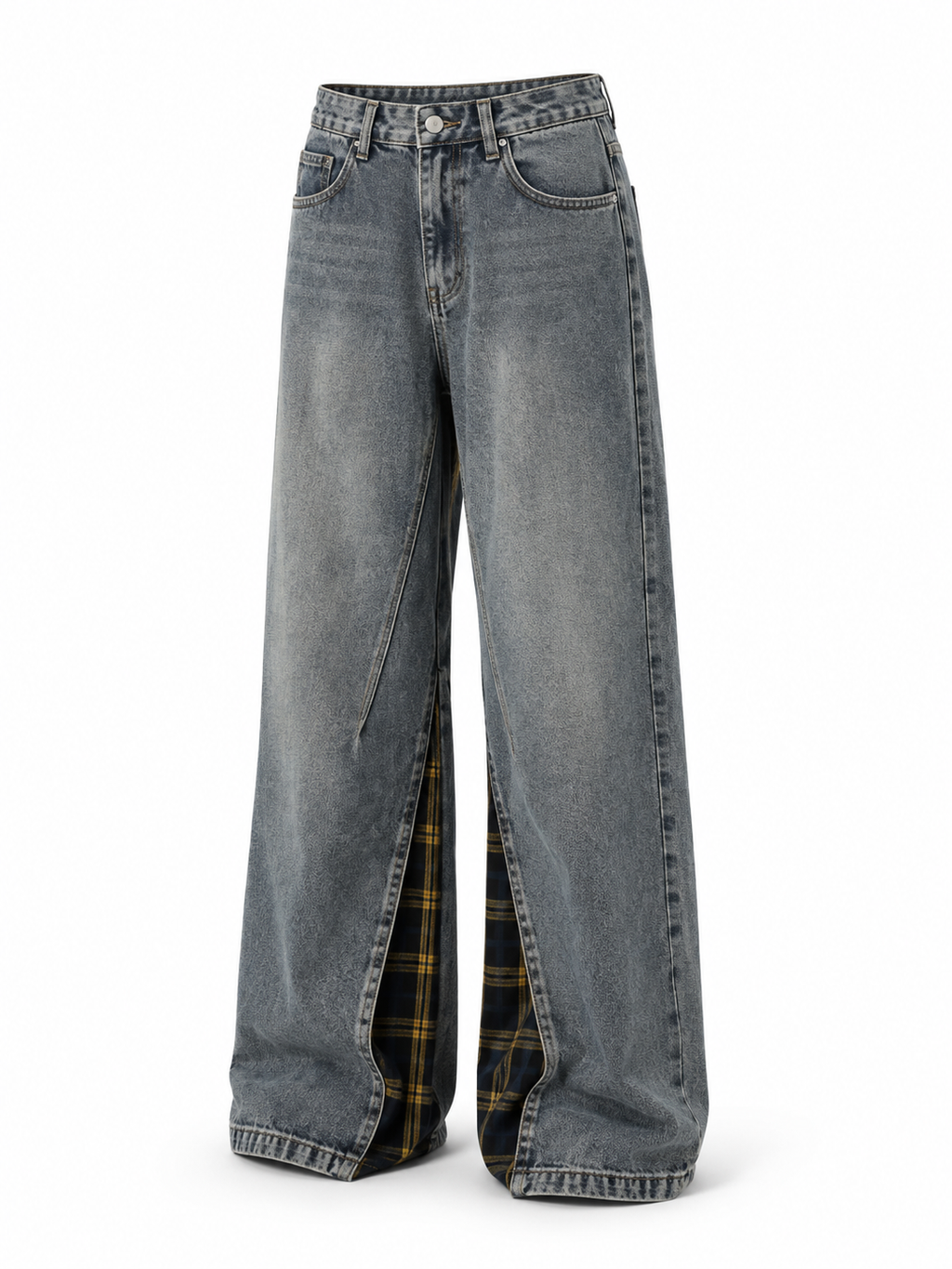 Retro-style wide-leg jeans with a plaid side panel and zipper opening.