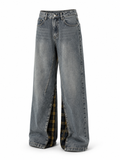 Retro-style wide-leg jeans with a plaid side panel and zipper opening.