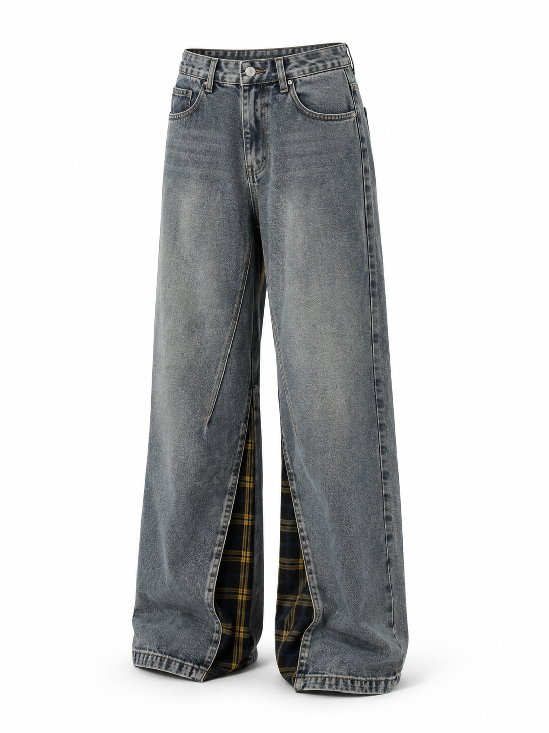 Retro-style wide-leg jeans with a plaid side panel and zipper opening.